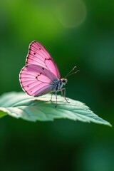 Obraz premium Delicate pink butterfly perched on a crisp white leaf, floral, delicate, white background