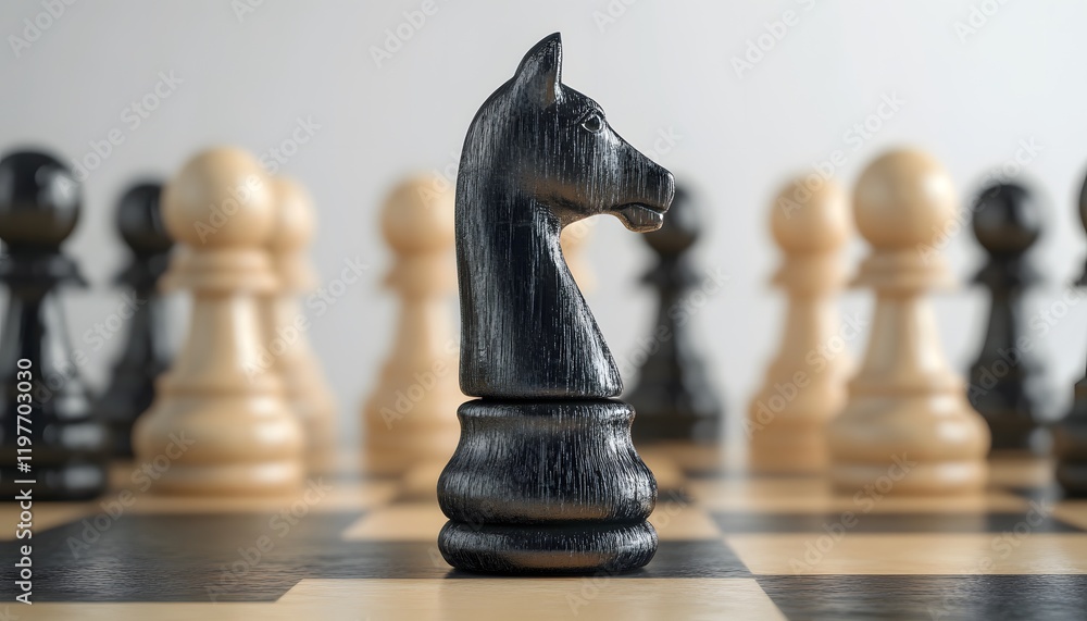Poster close-up of a black chess knight piece on a chessboard surrounded by other chess pieces in a dynamic