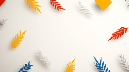 Vibrant paper leaves playfully arranged on white background create cheerful summer mood. AI Generated