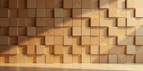 Sunlit Wooden Cube Wall Paneling A Textured Background Image for Design Projects