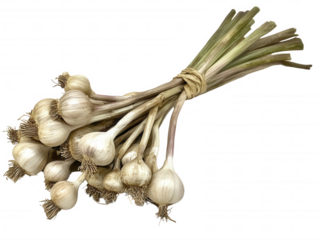 Freshly harvested bunch of garlic bulbs with stalks tied together isolated transparent background