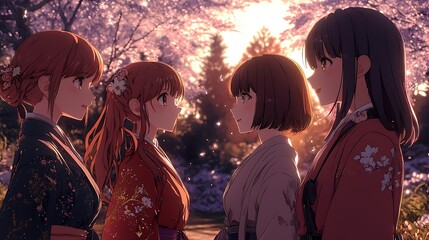 Obraz premium Serene Cherry Blossom Gathering: A group of four women in traditional attire, stand amidst the soft pink of cherry blossoms, the gentle sunlight setting the scene.
