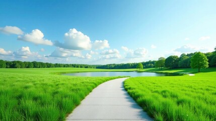 Serene landscape showcasing a tranquil pond, lush green meadows, and a gently curving pathway under a bright, sunny sky with fluffy white clouds, ideal for relaxation and peaceful contemplation