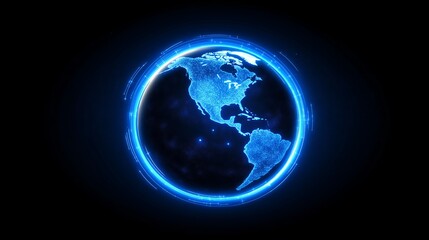 Fototapeta premium A glowing, blue, digital representation of Earth surrounded by a grid of connected lines, representing the global network of technology and communication 