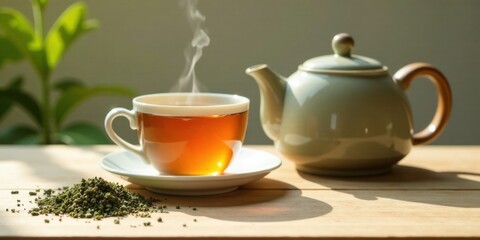 Warm, Aromatic Tea in a Cozy Setting A steaming cup of tea, a nearby teapot, and loose tea leaves scattered on a sunlit wooden surface