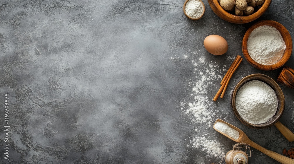 Poster Baking preparation space with flour, eggs, spices, and nuts on a textured surface for recipe creation and culinary art. Generative AI