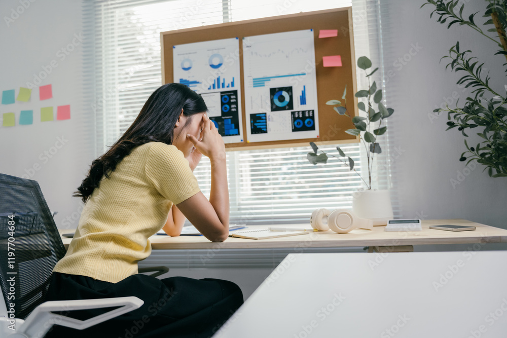 Poster businesswoman working on a laptop computer and feeling stressed from work, having a headache with ch