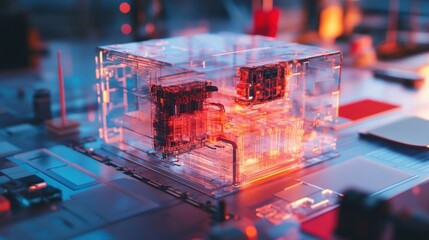 A focused closeup of a product prototype encased in clear polycarbonate with internal components clearly visible. The workspace is kept tidy with fabric swatches and color samples used