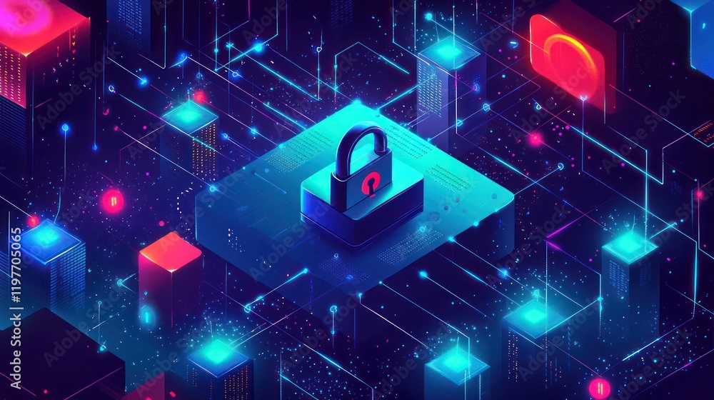 Poster abstract digital art depicting cybersecurity concepts. a padlock symbolizes data protection within a