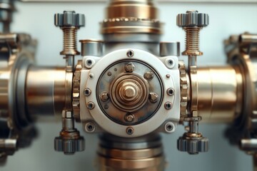 Fototapeta premium A detailed close-up of a complex, steampunk-inspired metallic mechanism with intricate gears and pipes.