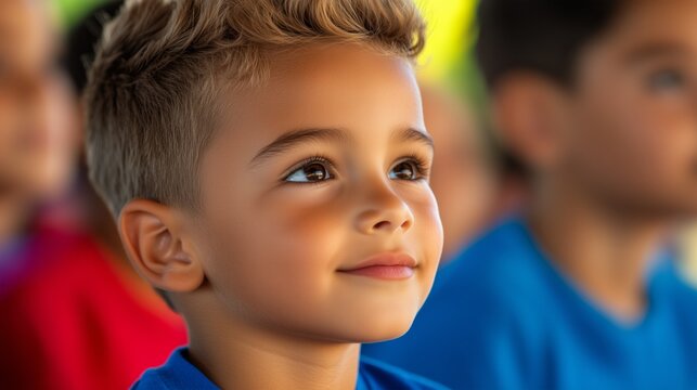 A young boy with brown hair and blue shirt smiles cheerfully, capturing the essence of childhood joy.