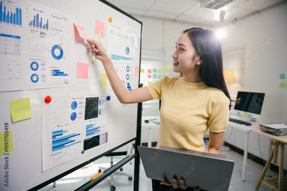 Poster young businesswoman is using a laptop and pointing at charts on a whiteboard during a financial data