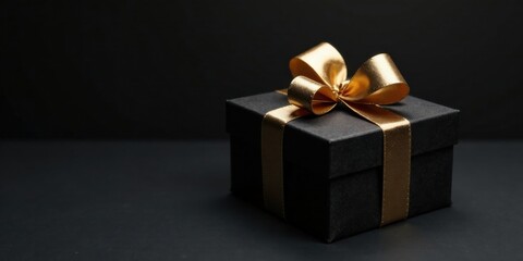 A luxuriously wrapped black gift box with a golden ribbon bow sits elegantly on a dark surface