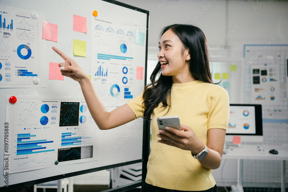 Aufkleber businesswoman is presenting marketing data on a whiteboard during a business meeting. she is holding