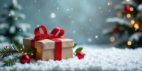 A thoughtfully wrapped gift sits nestled in a snowy scene, adorned with festive red accents and surrounded by the soft glow of a winter wonderland.