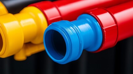 Close-up of colorful blue, yellow, and red pipes.
