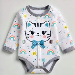 Baby bodysuit with cartoon pattern. Newborn clothes photo on white background.AI generated.