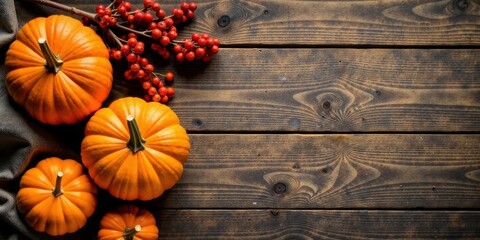 Autumnal Harvest Abundance A Rustic Wooden Table Display Featuring Vibrant Pumpkins and Berries