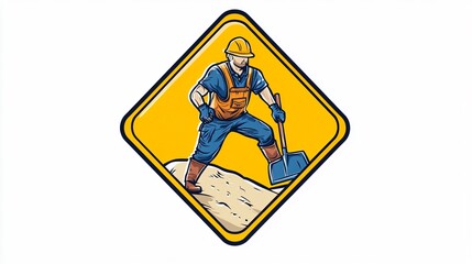 Caution Diamond Emblem with Laborer and Shovel: Safety Symbol for Construction, Warning Sign for Workers