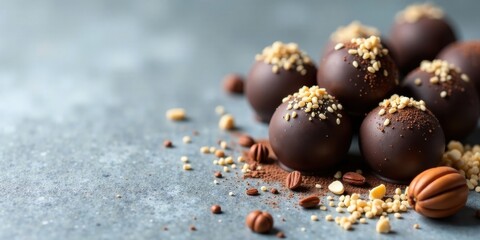 Obraz premium Luxurious Dark Chocolate Truffles Decorated with Toasted Nuts and Cocoa Powder on a Textured Surface