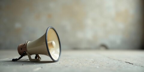Fototapeta premium A vintage megaphone rests on a worn concrete floor against a muted background, signifying the quiet aftermath of a powerful announcement or a message waiting to be delivered.