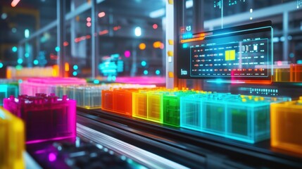 Obraz premium A vibrant view of a microfactorys production area highlighting colorful bins filled with interchangeable parts and a digital interface monitoring the workflow.