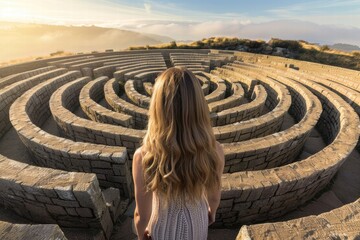 Person in maze center, reflecting life’s confusion and decisions