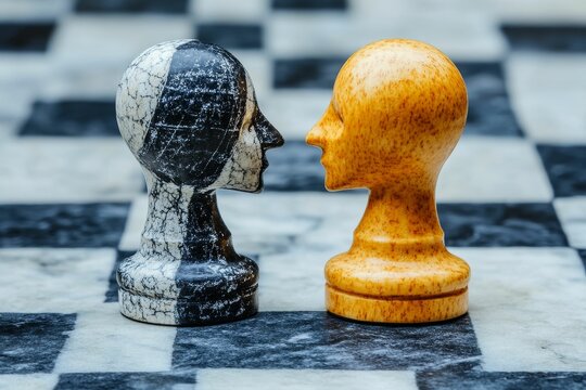Two chess pieces face each other, game board.