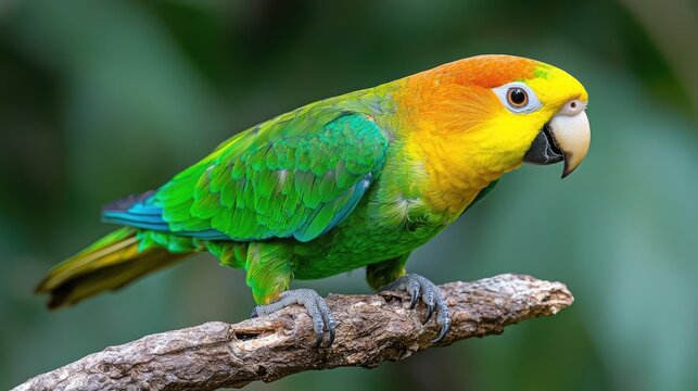 Colorful parrot perched on branch, rainforest background, wildlife photography, nature poster