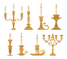 Set of vintage candlesticks with lit candles in different designs. Flat vector illustration isolated on a white background. Antique decor and lighting concept