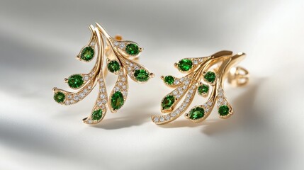 earrings, organic design with green tsavorite garnets and diamonds, yellow gold finish generative ai