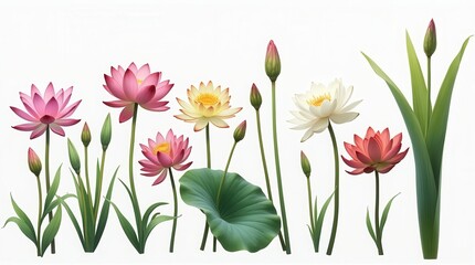 Set Of Aquatic Flowers Including Water Lilies, Lotus, And Papyrus Blooms