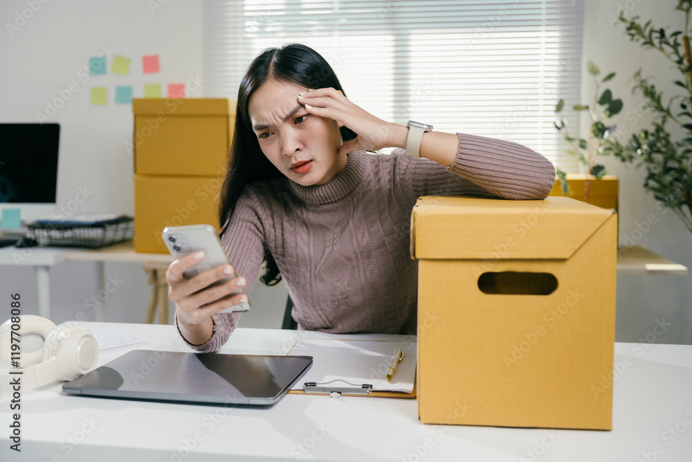 Aufkleber young entrepreneur is feeling stressed while working on her online business from home, experiencing 