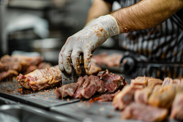 Butcher Presenting Fresh Meat Selection Assortment in Shop meat grocery store, Generative AI