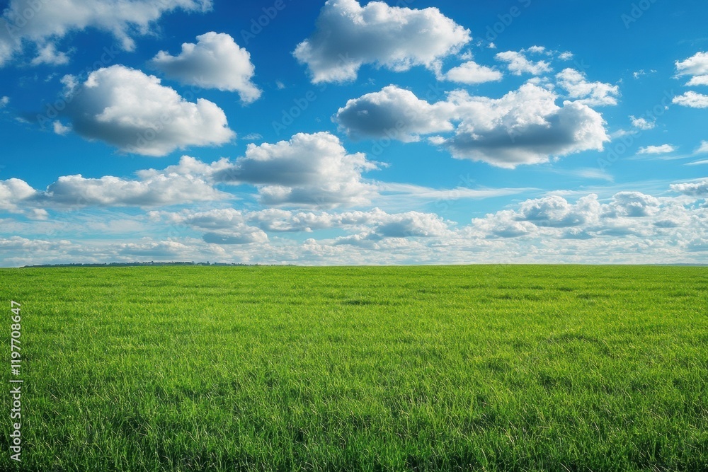Poster expansive green field under a bright blue sky with fluffy clouds providing a serene outdoor landscap