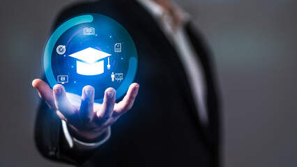 Concept of Online education. man use Online education training and e-learning webinar on internet for personal development and professional qualifications. Digital courses to develop new skills.