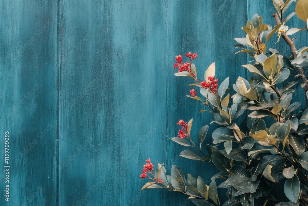 Leinwandbilder vibrant greenery and delicate red flowers against a rustic teal wooden backdrop creating an inviting