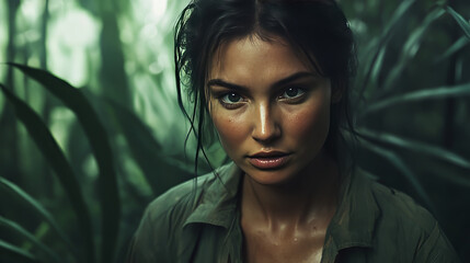 Environmental Activist A hyperrealistic portrait of a passionate female environmentalist in a lush forest backdrop,