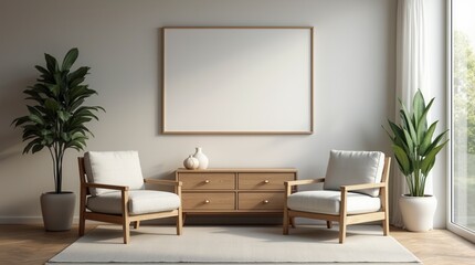 Stylish Home Living Room Interior With Chairs And Drawer, Mockup Frame