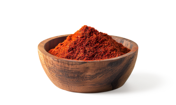 Dried and ground paprika powder on wooden bowl on a transparent background