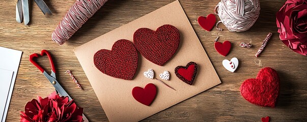Homemade Valentine's hearts and cards on a crafting table with scissors and materials, creating a personalized touch for the holiday