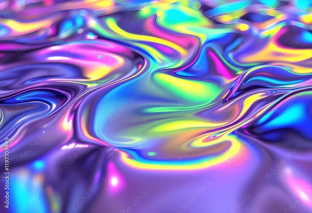 Poster holographic iridescent waves pattern with colorful swirls. liquid metal abstract background with rai