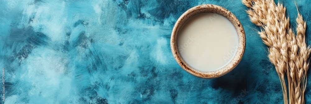 Poster elegant arrangement of a bowl with liquid beside dried wheat on a vibrant blue surface suitable for 