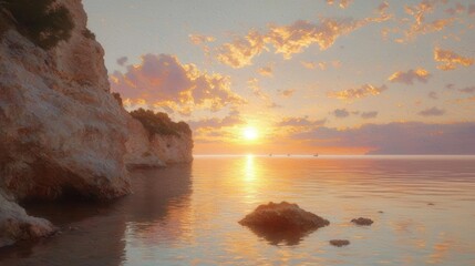 Crimson sunset over tranquil bay scenic landscape serene evening nature's beauty