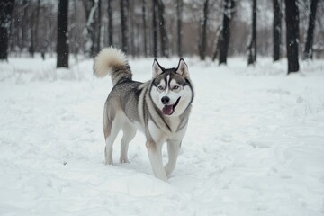 Joyful dog plays fetch in the snow between trees in winter wonderland. Generative AI
