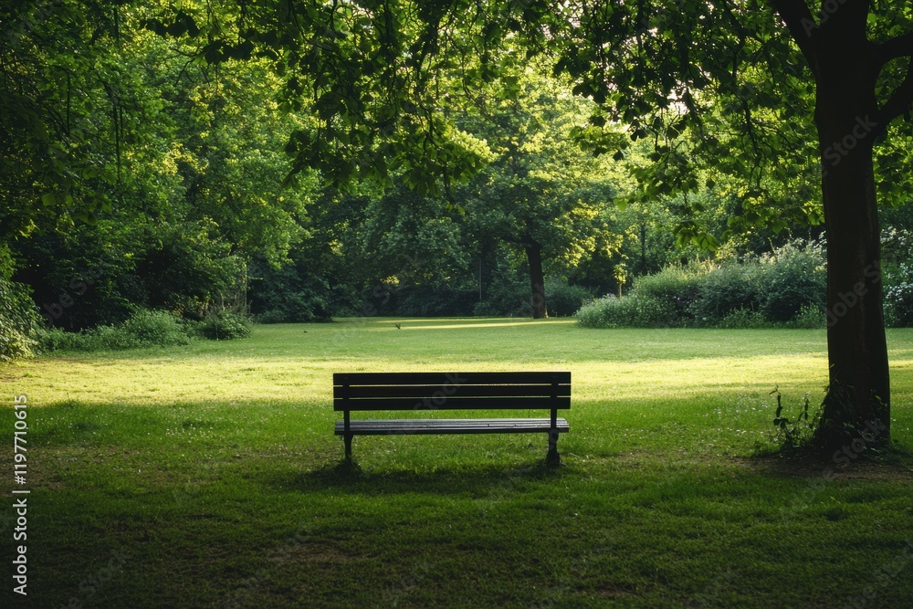 Leinwandbilder peaceful park bench surrounded by greenery in a tranquil outdoor setting with ample space for person