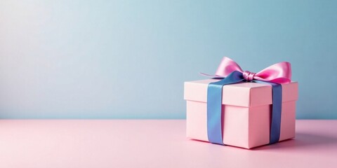 Obraz premium A delicately wrapped pink present with pastel ribbon, a charming gift for a special occasion, rests on a soft pink surface against a serene light blue backdrop