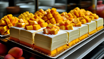 Gourmet Mango Cake with Fresh Mango Chunks and Powdered Sugar Dusting