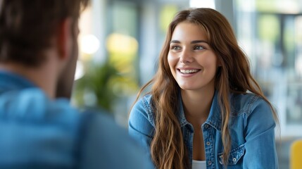 A woman in denim smiles warmly during a conversation, creating a relaxed and joyful atmosphere indoors.
