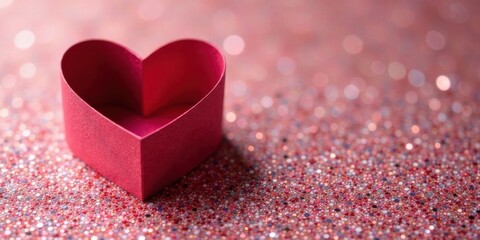 A crimson heart-shaped container rests on a sparkling pink background, symbolizing love and affection.